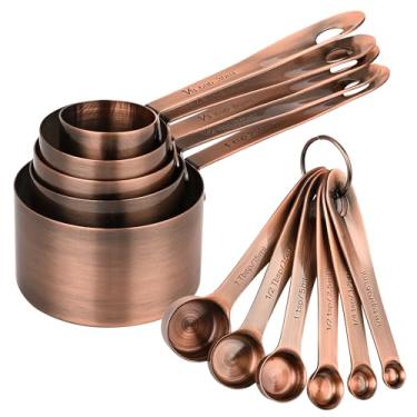 Imagem de SPUVGVC Conjunto de copos e colheres de medição de cobre, conjunto de copos e colheres de medição de aço inoxidável, 5 copos medidores de metal e 6 colheres medidoras de cozimento, copos e colheres de