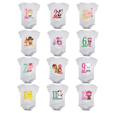 Imagem de Kit 12 Body Bebê Calupa Mesversario Manga Curta Fazendinha 1 A 12 Meses Feminino-Feminino