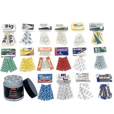 Imagem de GBS Double Edge Razor Blades-Sample Pack de 32 Pena, Astra, Derby, Trig, Super Max, Senhor, Tubarão, Treet + GBS Alum bloco! Perfeito para Barber Shavette Shave Kits!