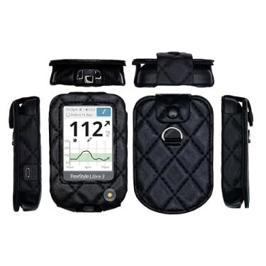 Imagem de Capa de couro xadrez com protetor de tela e cordão para Freestyle Libre 3, Freestyle Libre 2 (preto)
