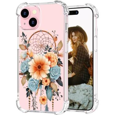 Imagem de Hungo Capa para iPhone 15 Plus para mulheres, design transparente, fofa, feminina, com design estético, compatível com iPhone 15 Plus, apanhador de sonhos, flores
