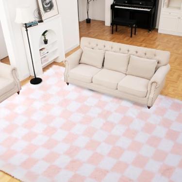 Imagem de Tapete supermacio para quarto, 2,5 x 3,5 m, rosa e branco, clássico, xadrez, felpudo antiderrapante, tapete macio, macio, felpudo para sala de estar, quarto, quarto de crianças, berçário, decoração de