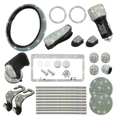 Imagem de Suvnie Conjunto de 27 peças de acessórios de carro brilhantes para mulheres, capas de volante universais de strass de cristal para 38 cm, moldura de placa de veículo, suporte de telefone, acabamento