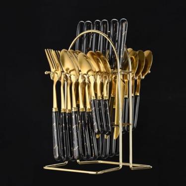 Imagem de Conjunto de talheres de prata com 24 peças, conjunto de talheres de aço inoxidável com suporte para pendurar, conjunto moderno de utensílios de mesa, facas de jantar, garfos, colheres para casa,