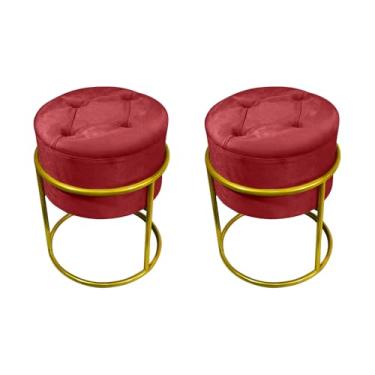 Imagem de Kit 2 Puffs Decorativos Redondo Com Capitonê Base De Ferro Dourada Tecido Veludo Marsala