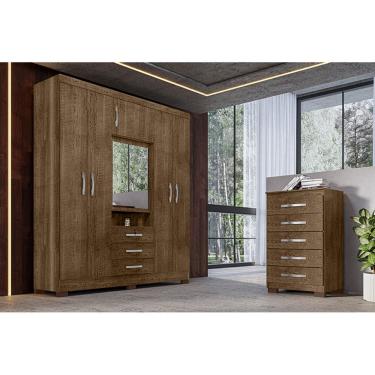 Imagem de Kit Guarda Roupa Casal Roma 6 Portas com Espelho e Cômoda 5 Gavetas Aspen I01 Malbec - Clique Chique Móveis