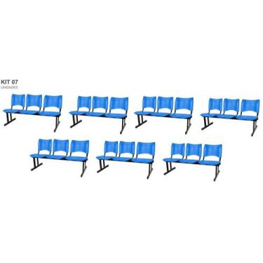 Imagem de Kit com 7 Cadeiras Longarina PLÁSTICA 03 Lugares Cor Azul Mastcmol
