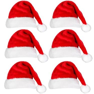 Imagem de Kit 6 Peças Touca Gorro Chapéu Natal de Papai Noel Linha Luxo Confortável Algodão Veludo Vermelho Tradicional Fantasias Natalino