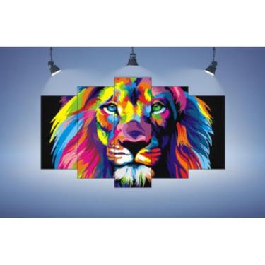 Imagem de Quadro Leão Mosaico 5 Peças Leão Moderno Colorido Leão 3d - NEYRAD