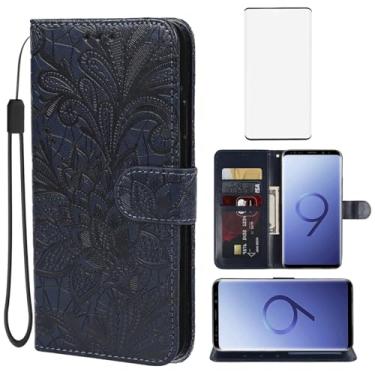 Imagem de Gufuwo Capa para Galaxy S9+, capa carteira para Samsung S9 Plus SM-G965U com protetor de tela de vidro temperado, flor de renda, couro PU, flip com suporte para cartão de crédito, capa para celular