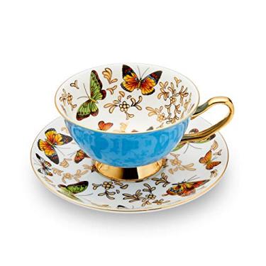 Imagem de Caneca de café LURRIER com pires para latte, chá cappuccino com borboletas, 200 ml, pode ir à lava-louças e ao micro-ondas, esmalte reativo, 1 peça