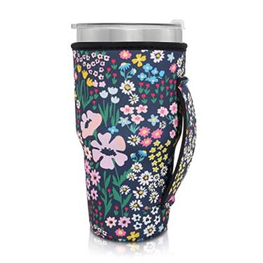 Imagem de Porta-copo de café gelado reutilizável com mangas isoladas de neoprene com alça Ideal para 850 g – Copos de 946 ml, garrafas de shake de proteína (apenas capas de xícara) (margarida)