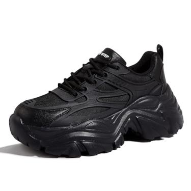 Imagem de LUCKY STEP Tênis feminino grosso, plataforma, tênis, moderno, branco, de malha, respirável, casual, com cadarços, tênis de caminhada, Preto, 35