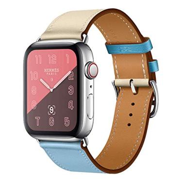 Imagem de iBazal Pulseira de couro genuíno de substituição para Apple Watch séries Ultra/Ultra 2 9, 8, 7, 6, 5, 4, 3, 2, 1 SE/SE 2, feminino, masculino de 42 mm, 44 mm, 45 mm, 49 mm, branco/azul 42/44/45/49