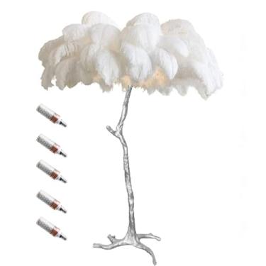 Imagem de Luminária de pé de luxo com pena de avestruz natural com 3 lâmpadas de LED E14 de temperatura de cor, poste dourado e luz de base para decoração