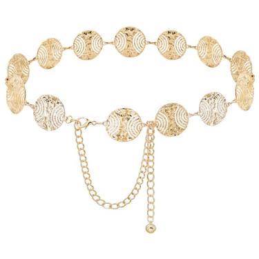 Imagem de Heyjoin Cintos de corrente de cintura cinto ocidental de metal grosso corrente de barriga cinto feminino para vestido, Disco dourado, L: Length 53.1" (33.4"+extended chain 19.7")
