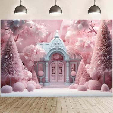 Imagem de Árvore de Natal rosa vintage porta pano de fundo para sessão de fotos inverno neve rosa floresta menina decoração festa princesa Feliz Natal véspera de ano novo fundo (2,5 x 1,8 m)