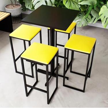 Imagem de Conjunto Mesa Alta Bar Bistrô Quadrada Preta 4 Bancos Estofado Industrial Black (Amarelo)