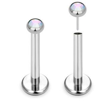 Imagem de ZYTAIJEW 2 peças G23 titânio 16G 2,5 mm bisel CZ Top sem rosca push-in Flat Back Lip Stud Ring Monroe Labret anéis de nariz hélice unha cartilagem tragus brinco piercing joias 5 mm-10 mm, Titânio, Sem