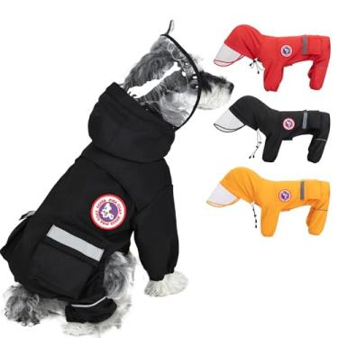 Imagem de PINA Capa de chuva para cães, impermeável com capuz, jaqueta leve para cães com orifício para trela, poncho para cachorro com alça refletiva e bolso para clima úmido, design completo para proteção