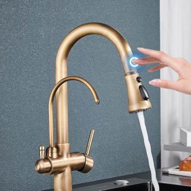Imagem de Filtro de sensor de toque Torneira de cozinha de água 2 em 1 Preto Coloque para fora Torneiras de pia de modos duplos para cozinha Torneira misturadora de água pura, latão antigo