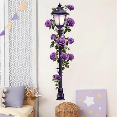 Imagem de Adesivos de parede de flores roxas para lâmpada de rua violetas, decoração de porta de parede com arte floral rosa sacinora Streetlight em vinil removível para sala de estar, quarto, sala de jogos,