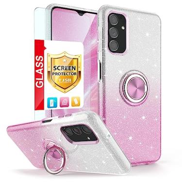 Imagem de TJS Capa compatível com Samsung Galaxy A16 5G, com protetor de tela de vidro temperado, anel de metal, suporte magnético, suporte, tom brilhante, capa para celular (rosa)