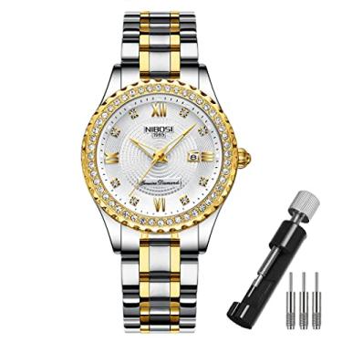 Imagem de Relógios femininos diamante luxo ouro prata senhoras moda clássica analógico quartzo impermeável vestido inoxidável luminoso dia data esposa presentes relógio de pulso NIBOSI, L2357white, Clássico