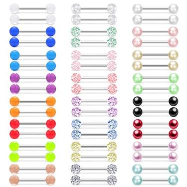 Imagem de MONAZEO 48 peças de anéis de mamilo de aço inoxidável 14G, anéis de língua, barras retentoras retas que brilham no escuro flexível para mulheres e homens, barra de 16 mm, Acrílico, Sem pedras