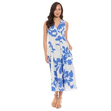 Imagem de London Times Vestido de verão feminino de linho rayon estampa floral midi gola V sem mangas evasê, Azul celeste/azul jeans, PP