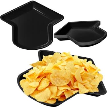 Imagem de 24 peças de placas de graduação em forma de chapéu de graduação, bandeja de lanche reutilizável, biscoitos, batatas fritas, pratos de sobremesa para decoração de festa de formatura, 28 x 24 cm (preto)