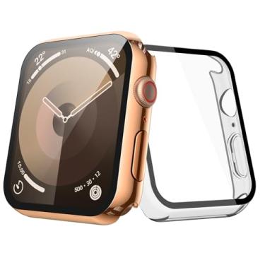 Imagem de [Pacote com 2] Capa dourada de cobre JULK com protetor de tela para Apple Watch 9/8/7 45 mm, vidro temperado 9H com capa protetora rígida ultrafina para iWatch [1 ouro cobre + 1 transparente]