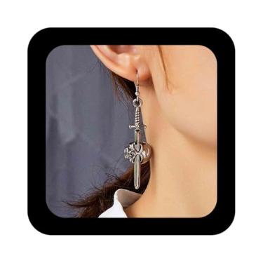 Imagem de Erimberate Brincos punk com pingente de espada de esqueleto, espada gótica, crânio, gota, prata, punhal, espada, gancho, metal, cabeça de esqueleto, joia feminina, Zinco, Sem pedra preciosa