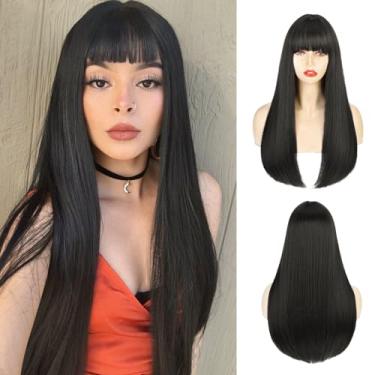 Imagem de ENTRANCED STYLES Peruca Preta Para Mulheres, Perucas Pretas Longas E Retas Com Franja, Perucas De Cabelo Preto, Perucas Sintéticas Resistentes Ao Calor Para Mulheres, Para Uso Diário, Festa, Natal,