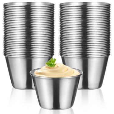 Imagem de OMISTAR 50 peças de copos de molho de metal, copos de condimento de aço inoxidável de 75 g, ramequins de metal reutilizáveis, tigelas pequenas, copos redondos de porção individual para casa