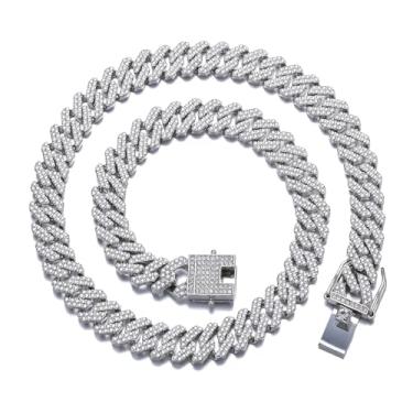 Imagem de Colar masculino de corrente de elos cubanos Miami 12 mm diamante garras, corrente cubana de 18/20/60 cm comprimento joia hip hop com caixa de presente 18inch Prata