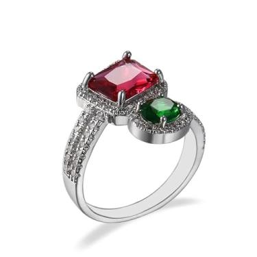 Imagem de TSECIMGS Elegante e criativo Semi-CZ anel aberto ajustável com corte quadrado vermelho e zircônia verde de corte redondo, anel minimalista personalizado para mulheres