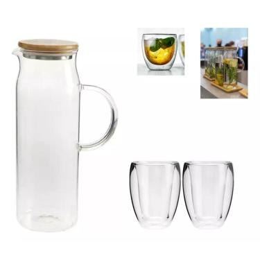 Imagem de Kit Jarra Suco Tampa Bambu Vidro 1,5 L 04 Copos Parede Duplo