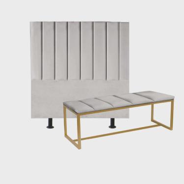 Imagem de Kit Cabeceira Carla e Calçadeira Industrial 160cm Queen Size Box Ferro Dourado Suede Cinza Claro - Ahz Móveis