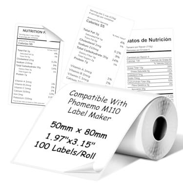 Imagem de Etiquetas térmicas multiuso compatíveis com Phomoemo M110/M221/M220/M120/M200, 50 x 80 mm, 100 etiquetas/rolo, preto sobre branco, 1 rolo