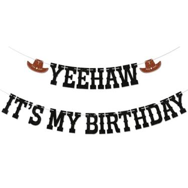 Imagem de Yeehaw Faixa It's My Birthday - Banner Bruh Bday, Decoração de festa de menino adolescente ocidental, decorações de festa de aniversário cowboy cowgirl preto glitter