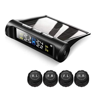 Imagem de VAOYAO Sistema de monitoramento de pressão de pneu TPMS, sistema de alarme de carro sem fio universal de energia solar com 4 sensores externos, visor LCD em tempo real, 4 alertas de pressão e