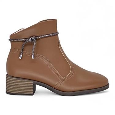 Imagem de Bota Beira Rio Feminina Cano Curto Salto Grosso Brilho Macia, Marrom, 