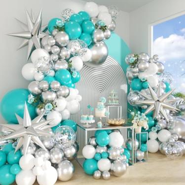 Imagem de 146 peças guirlanda de balões azul-petróleo estrela prata guirlanda decoração balões de confete para decoração de festa, casamento, aniversário, aniversário