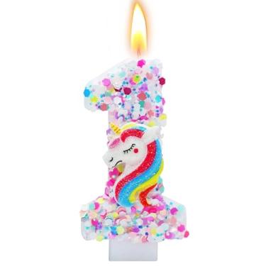 Imagem de woiodora Vela de aniversário número 4 de 7 cm, decorações de aniversário de unicórnio para topo de bolo, material de festa com tema de desenho animado (número 1)