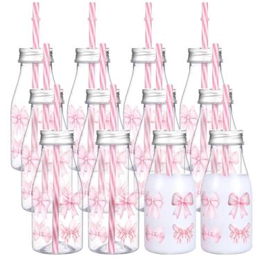 Imagem de Chuangdi 12 garrafas de leite de plástico com canudos e adesivos, potes de suco de laço rosa com tampas, frascos de leite transparentes, mini garrafas de suco para água, kombucha, festas, casamentos