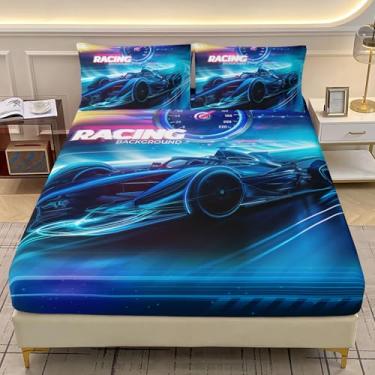Imagem de AILONEN Jogo de lençol solteiro com elástico de carro de corrida, 3 peças, para crianças, adolescentes, meninos, meninas, esportes radicais, moderno, para decoração de quarto, 1 lençol com elástico e