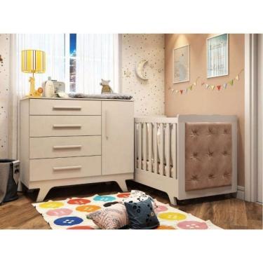 Imagem de Conjunto Para Quarto De Bebê Com Cômoda 1 Porta 4 Gavetas E Berço Com Capitone Retrô Móveis Peroba Branco