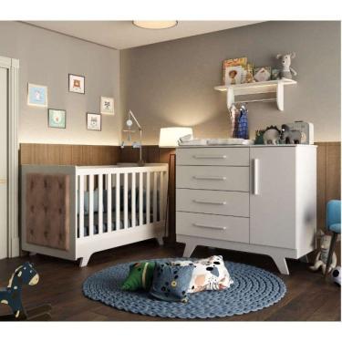 Imagem de Conjunto Para Quarto De Bebê Com Cômoda De Bebê Berço Com Capitone E Prateleira Retrô Móveis Peroba Branco