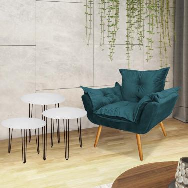Imagem de Kit Poltrona Opala Com 3 Mesas Roma Ferro Preto Tampo Redondo Branco Suede Azul Turquesa